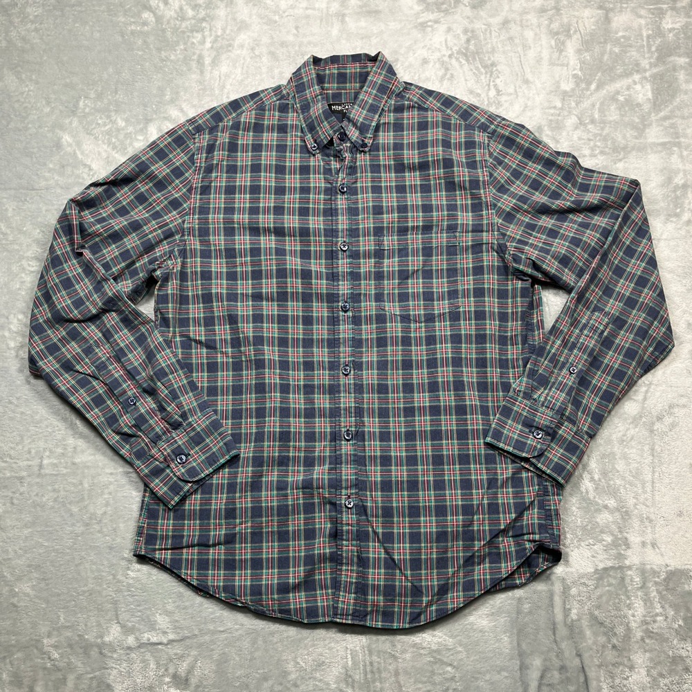J.Crew Mercantile Button Down Shirt Mens Medium Blue Plaid Flex Long Sleeve